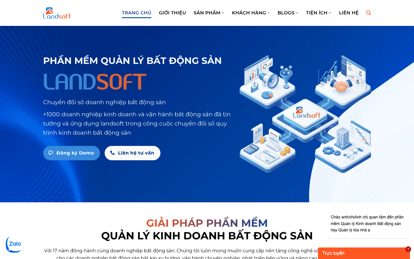 Screenshot of the Landsoft website homepage showing their Vietnam real estate software platform
