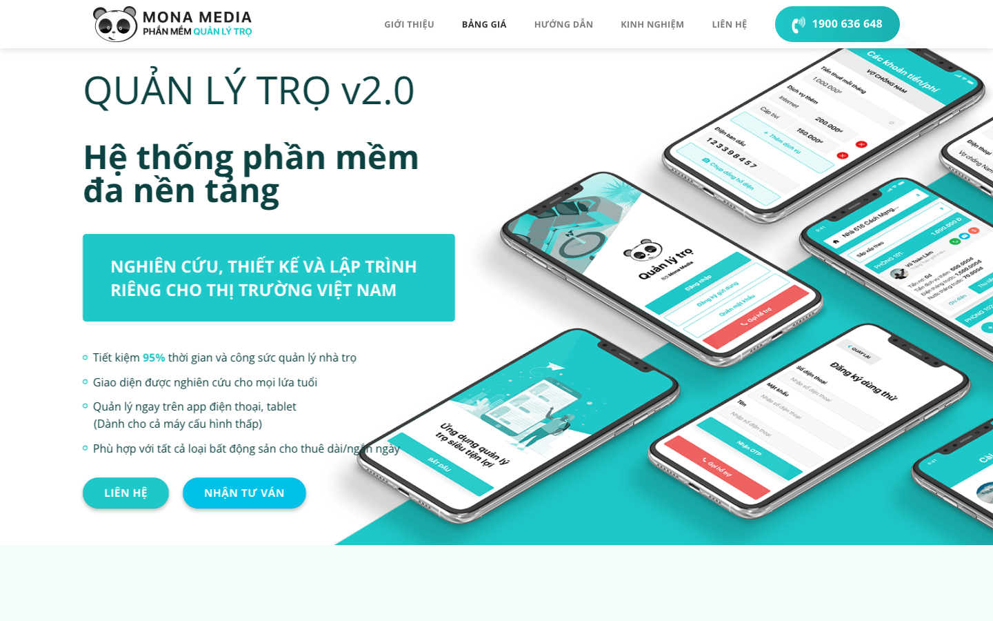 Screenshot of the Mona House website homepage showing their Vietnam rental property management platform