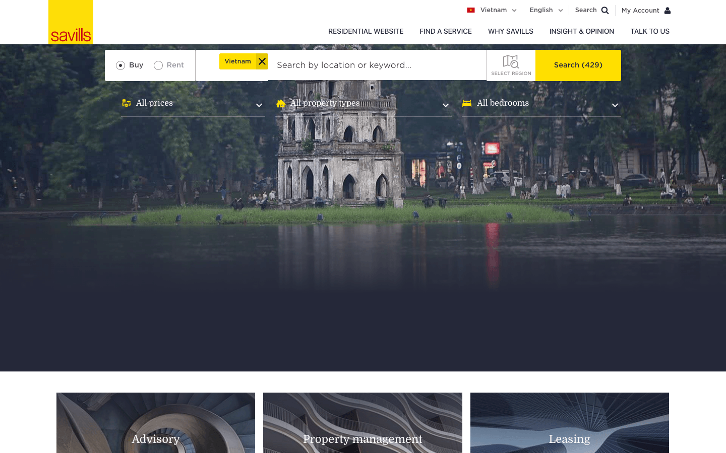 Screenshot of the Savills Vietnam website homepage, developer of the Property Cube property management platform