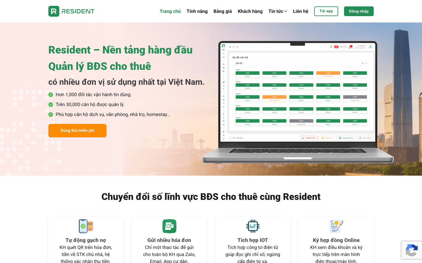 Screenshot of the Resident.vn website homepage showing their Vietnam landlord and rental management platform