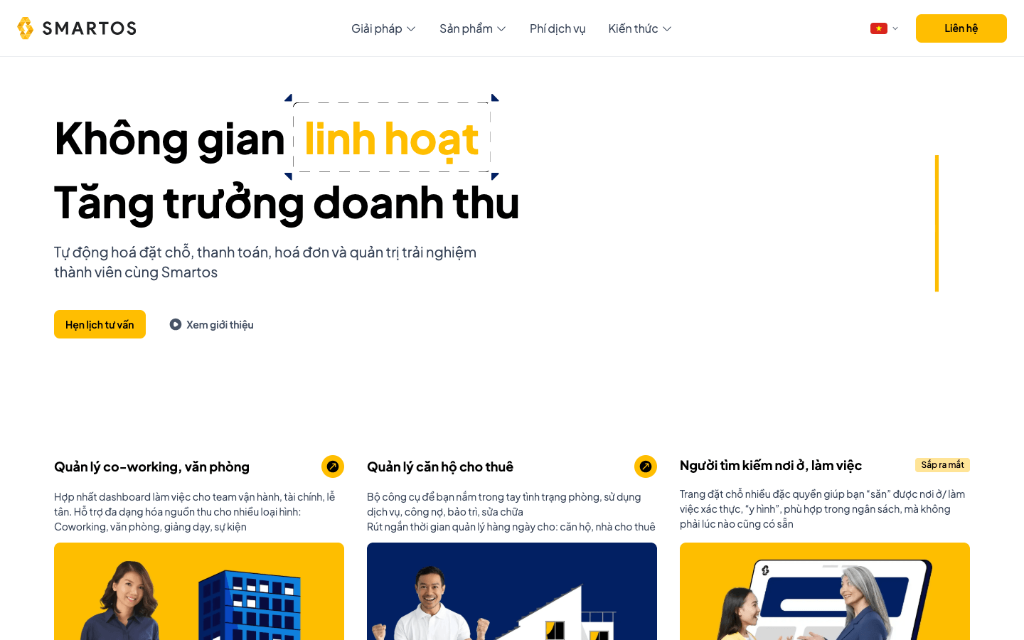 Screenshot of the Smartos website homepage showing their Vietnam rental real estate management platform